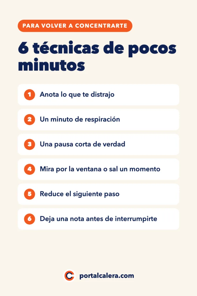 Infografía: 6 técnicas de pocos minutos para recuperar el enfoque, como anotar lo que te distrajo, un minuto de respiración o reducir el siguiente paso.
