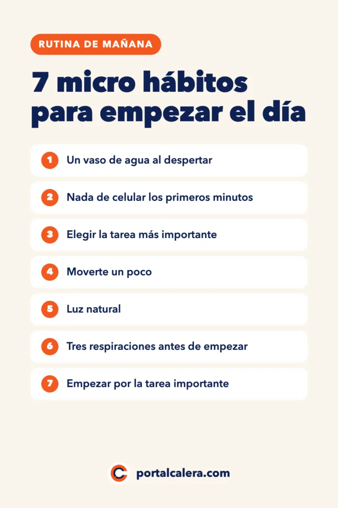 Infografía: 7 micro hábitos para empezar el día con enfoque, desde un vaso de agua al despertar hasta empezar por la tarea importante.