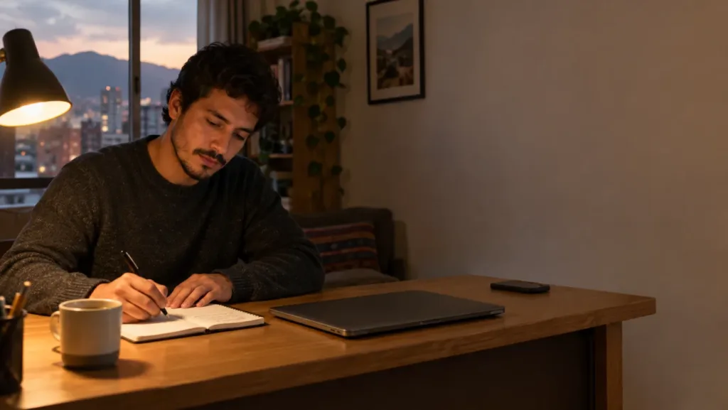 Hombre joven escribe en un cuaderno en el escritorio de su casa al atardecer, con la computadora portátil cerrada y el celular boca abajo apartado en el borde de la mesa