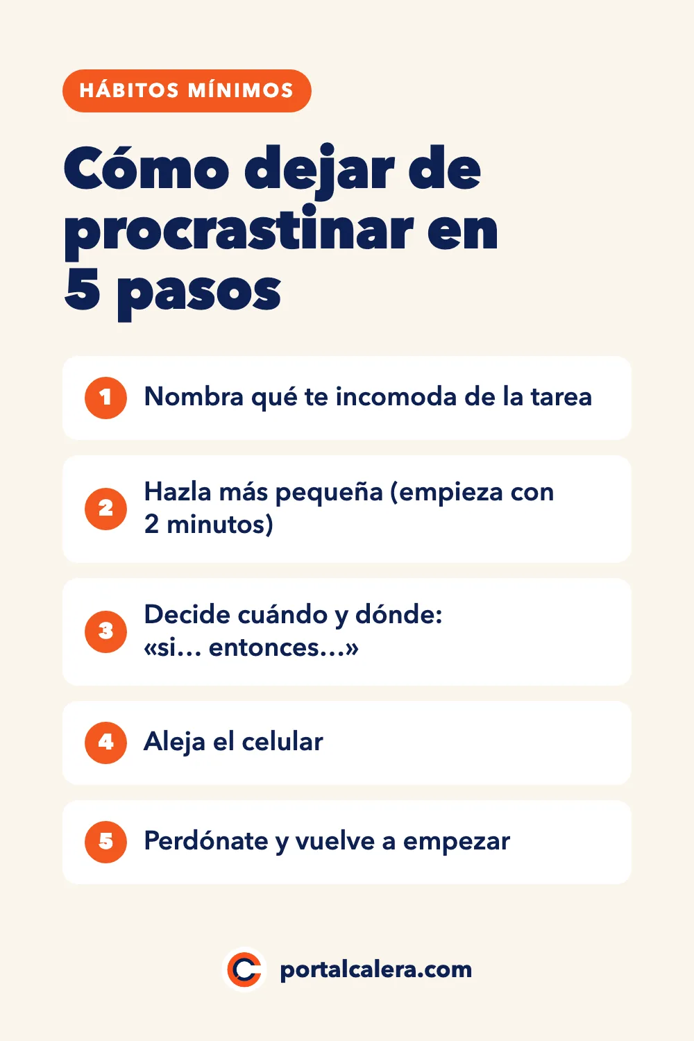 Infografía sobre cómo dejar de procrastinar en 5 pasos: nombra qué te incomoda de la tarea, hazla más pequeña empezando con 2 minutos, decide cuándo y dónde con un plan si entonces, aleja el celular y perdónate para volver a empezar