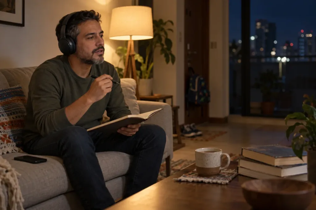 Hombre de unos 40 años con auriculares repite frases en inglés en voz baja, sentado de noche en el sofá de su sala, con un cuaderno abierto sobre la rodilla
