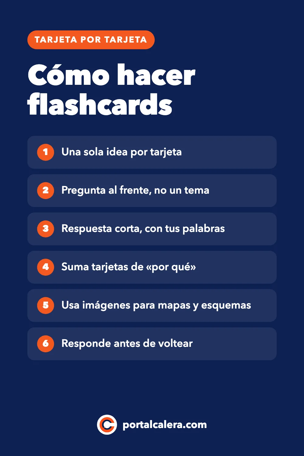 Infografía sobre cómo hacer flashcards para estudiar: una sola idea por tarjeta, una pregunta al frente y no un tema, respuesta corta con tus palabras, tarjetas de por qué, imágenes para mapas y esquemas, y responder antes de voltear