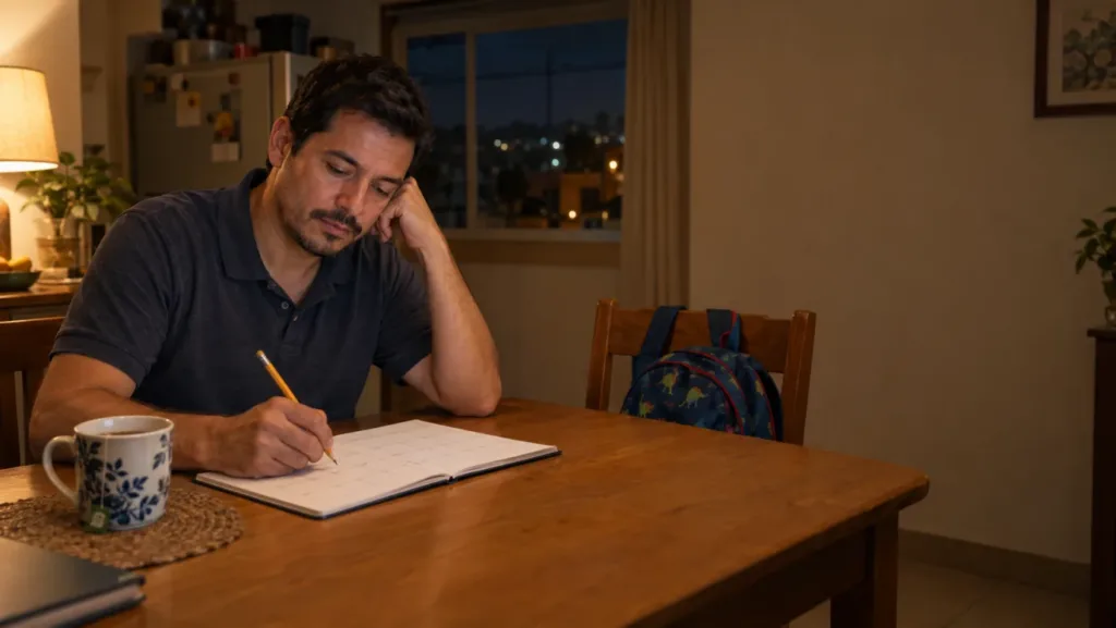 Hombre que trabaja y estudia arma su horario de estudio de la semana en un cuaderno, de noche, en la mesa de su casa