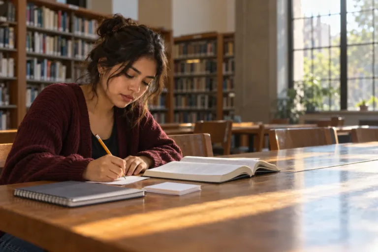 Estudiante universitaria escribe a mano un resumen corto en una ficha, con un libro abierto al lado, en una mesa de biblioteca pública con luz natural de la tarde