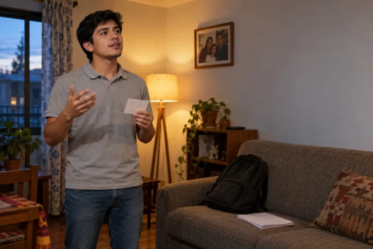 Joven ensaya una exposición en voz alta en la sala de su casa, con una ficha de cartulina en la mano y las fotocopias boca abajo sobre el sofá