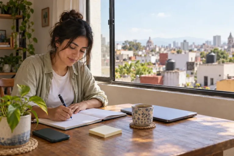 Mujer joven organiza su semana en un planificador de papel un domingo por la tarde, junto a una ventana abierta, con la computadora cerrada y el celular boca abajo sobre la mesa