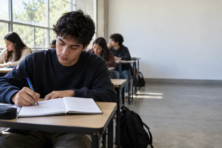 Estudiante universitario toma apuntes a mano en su cuaderno durante una clase, con compañeros al fondo y luz natural de la ventana