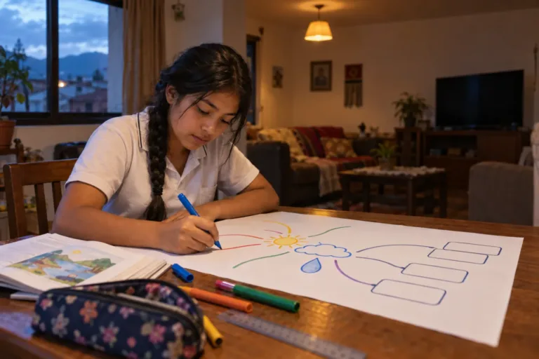 Estudiante de secundaria dibuja con marcadores de colores un mapa del ciclo del agua en una cartulina, sobre la mesa del comedor de su casa al atardecer