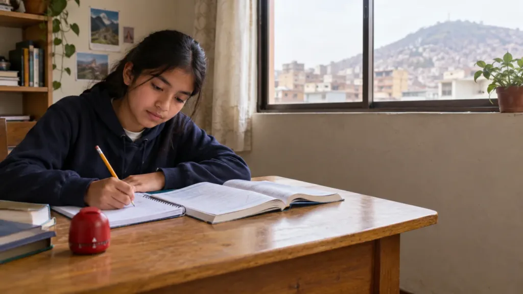 Estudiante de secundaria resuelve ejercicios de matemática junto a la ventana, con un temporizador de cocina rojo sobre la mesa