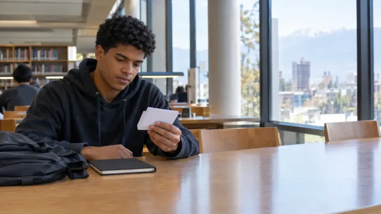 Joven estudiante repasa tarjetas de estudio en una mesa de una biblioteca pública, con la ciudad y las montañas al fondo a través del ventanal