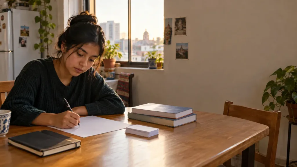 Estudiante universitaria escribe de memoria en una hoja en blanco en la mesa de la cocina, con el cuaderno cerrado, libros y tarjetas de estudio al lado