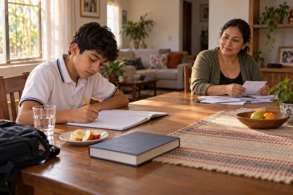 Adolescente de unos 14 años estudia por la tarde en la mesa de la sala mientras su madre, en la otra punta, revisa sus propios papeles sin hacer la tarea por él
